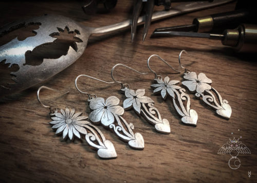 Flower earrings beautifully handcrafted from reused antique spoons by ethical independent jeweller, Hairy Growler.