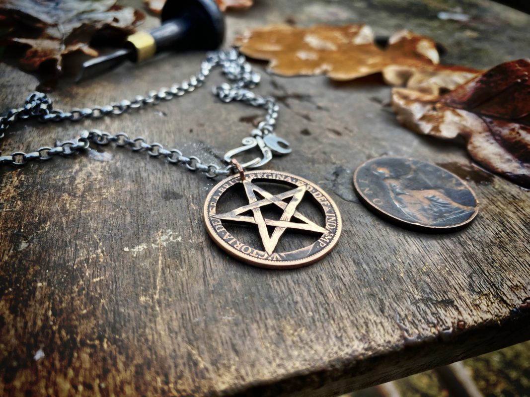 Hand cut and recycled pentacle pentagram coin necklace