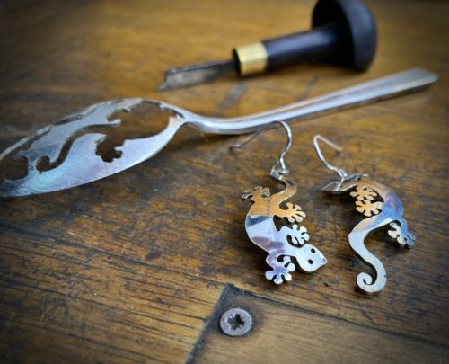 gecko earrings handmade and up cycled from a spoon