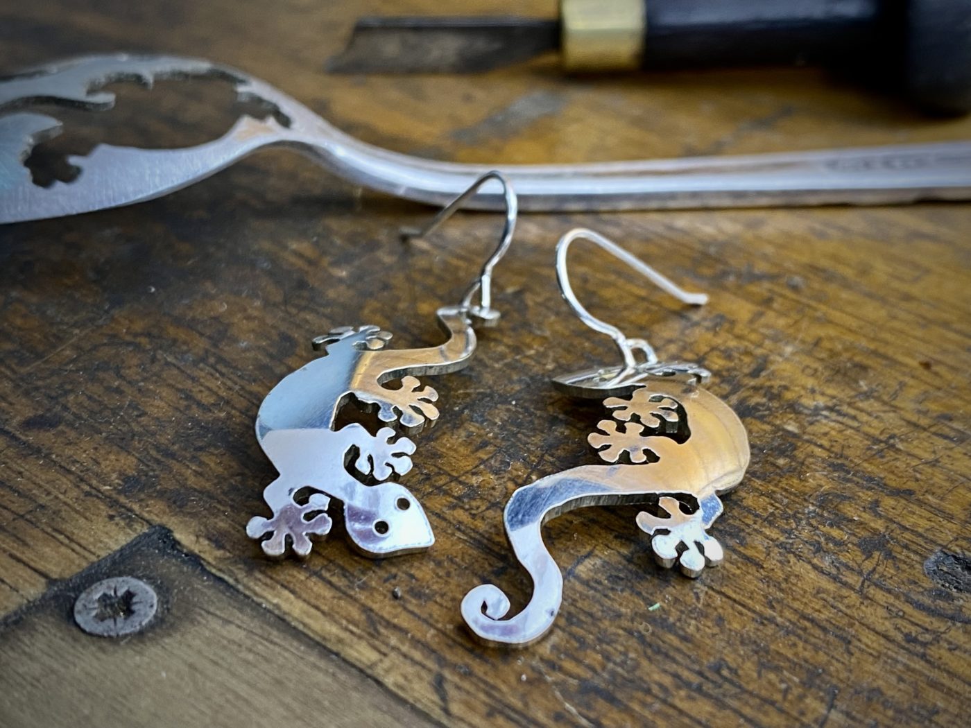 gecko earrings handmade and up cycled from a spoon