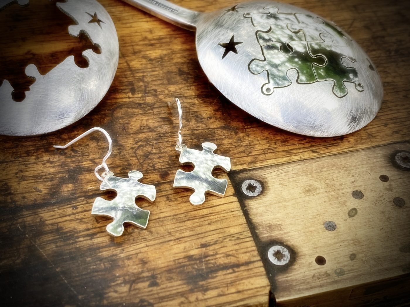 Jigsaw earrings - handmade and ethical, crafted from an recycled vintage spoon