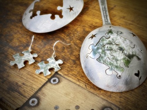 Jigsaw earrings - handmade and ethical, crafted from an recycled vintage spoon