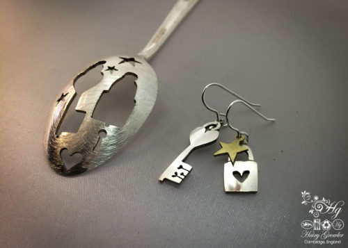 handcrafted and recycled spoon lock-and-key earrings