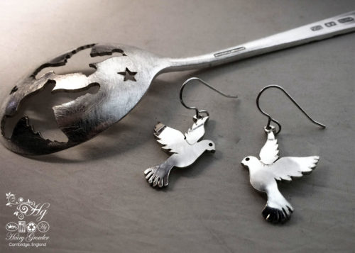 handcrafted and upcycled spoon peace-dove earrings