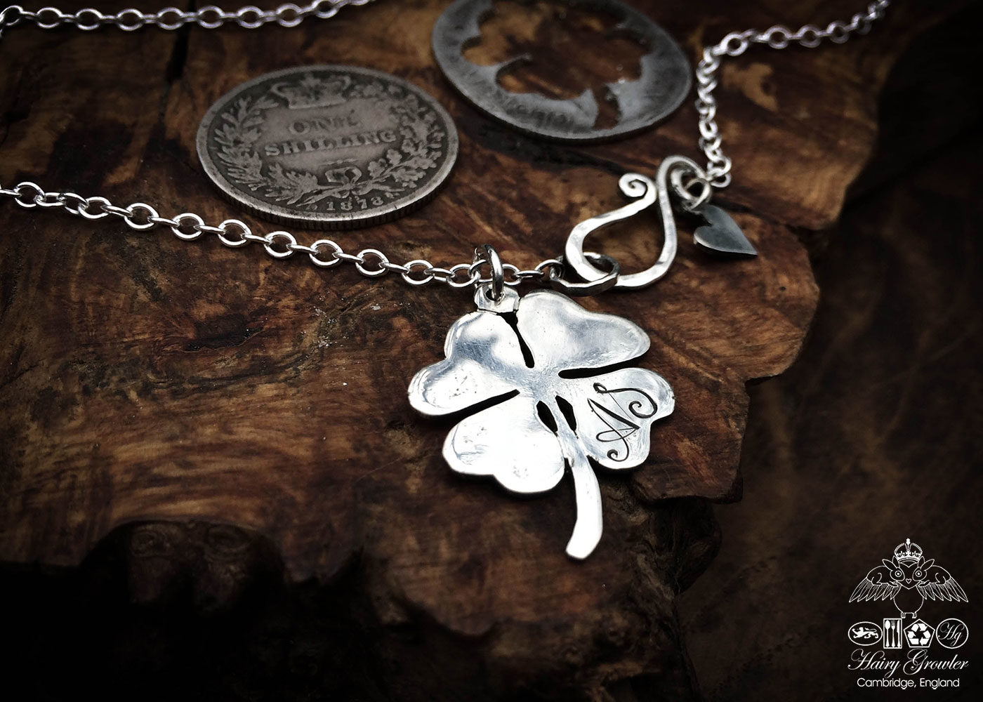 The Hairy Growler silver four leaf clover pendant is meticulously  handcrafted in Cambridge, UK. Gorgeous, stylish, eco-friendly, green,  ethical and individual.
