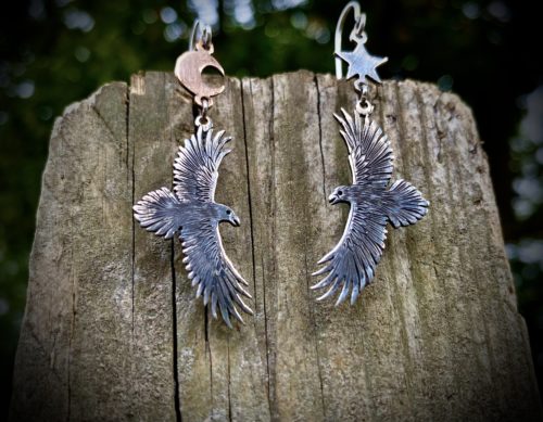handcrafted and repurposed silver coin and spoon, flatware nevermore raven earrings