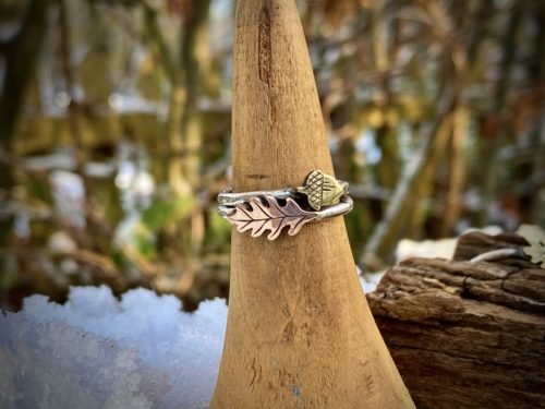 acorn and oak leaf jewellery, silver copper and bronze rings made from ethical recycled raw materials. Precious, lovely keepsake jewellery