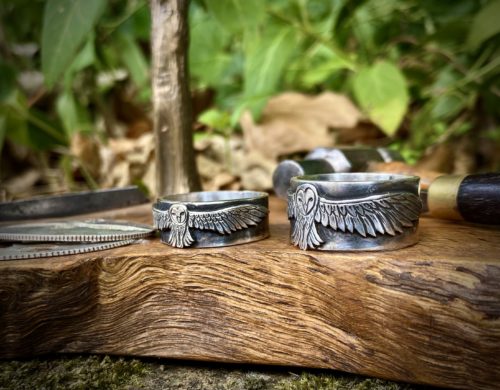 Beautiful nature inspired silver recycled jewellery barn owl ring made from silver coins