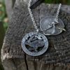Handmade and recycled silver shilling The Silver Shilling collection. silver running wild hare necklace totally handcrafted and recycled from old sterling silver shilling coins. Designed and created by Hairy Growler Jewellery, Cambridge, UK. necklace