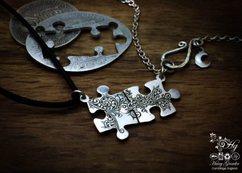 Handmade and upcycled jigsaw pieces necklace silver coin