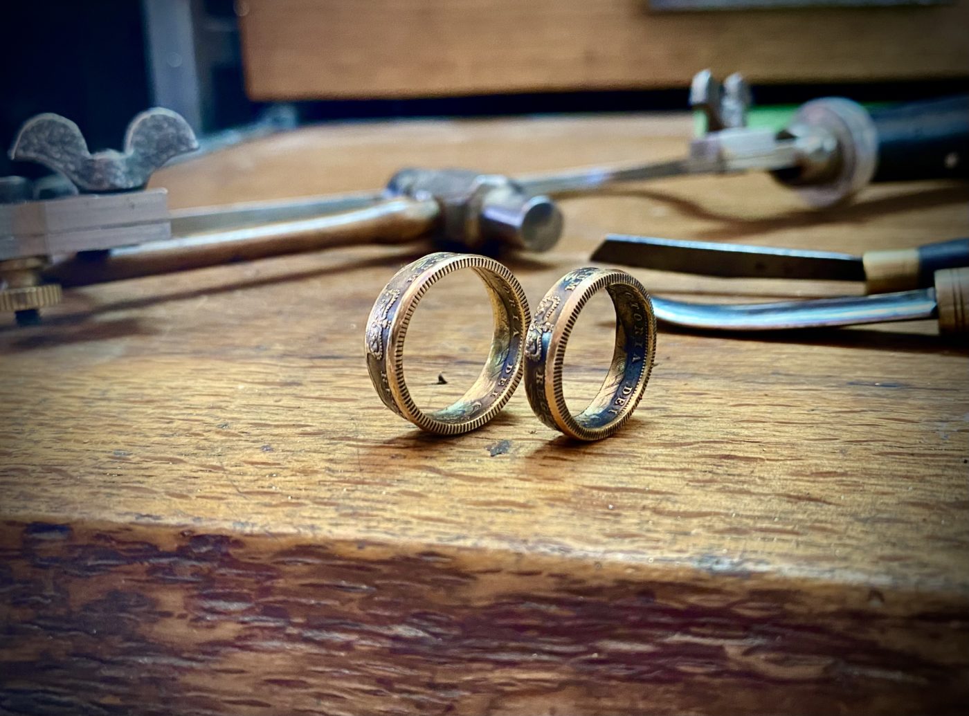 upcycled ethical green eco-conscious recycled gold wedding rings made from gold coins