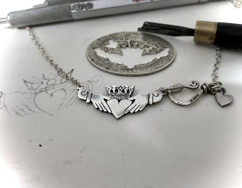 Claddagh jewellery - handmade and ethical silver Florin coin. The Hairy Growler Love collection. Handcrafted and repurposed Victorian silver Florin Claddagh necklace by Hairy Growler.