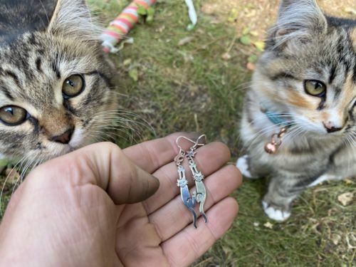 recycled silver coin cat earrings made in England by Hairy Growler