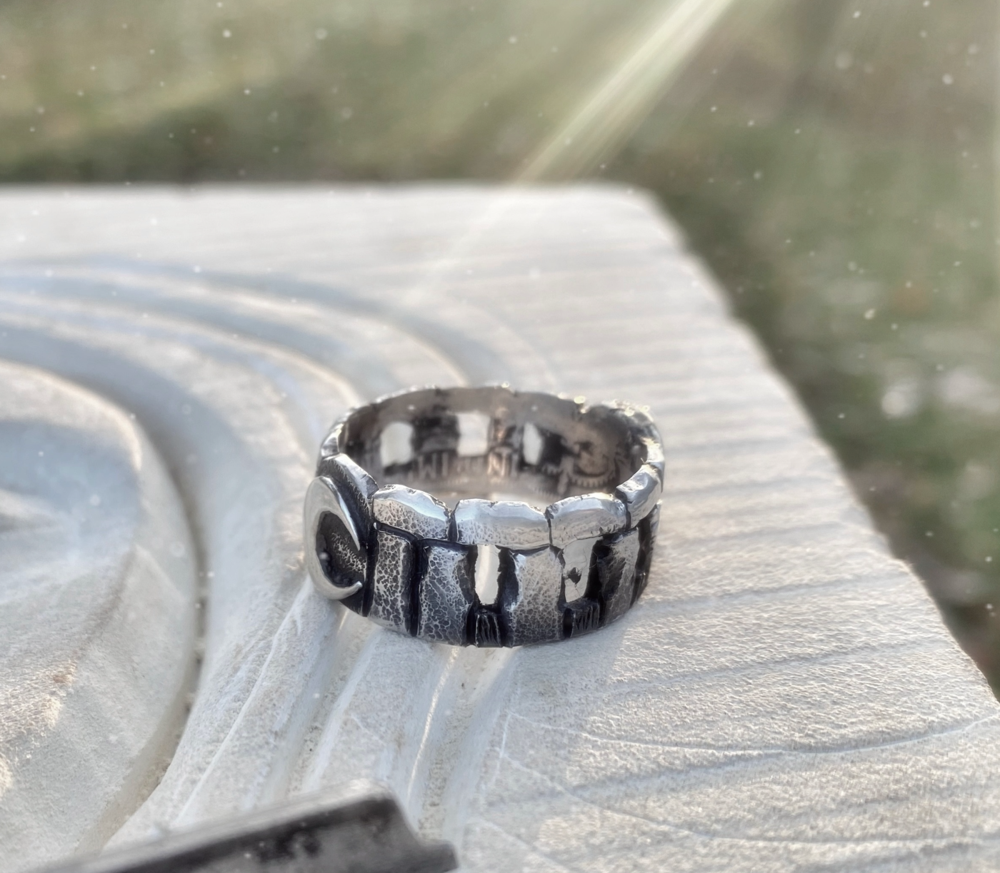 stonehenge ring handmade and handcrafted with traditional hand tools and techniques from a recycled silver coin