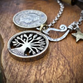 21st birthday gift idea handmade and ethically recycled tree of life necklace pendant made in England from a upcycled pound coin 2002