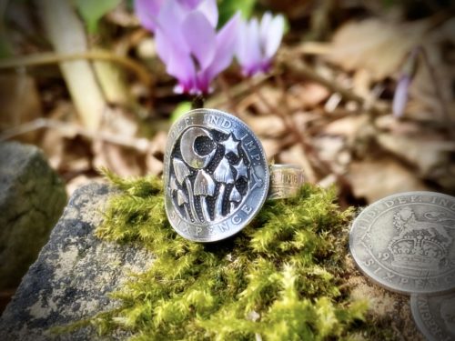 magic mushroom shroom mushies picky luck ring made from silver sixpence coins by hairy Growler