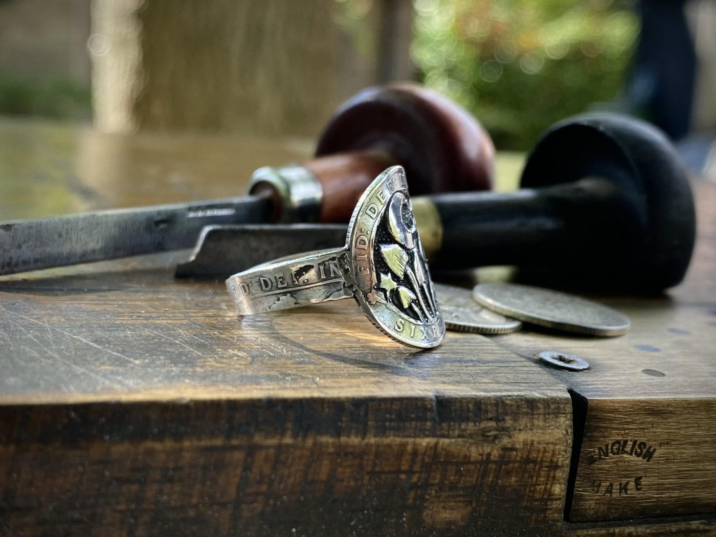 magic mushroom shroom mushies picky luck ring made from silver sixpence coins by hairy Growler