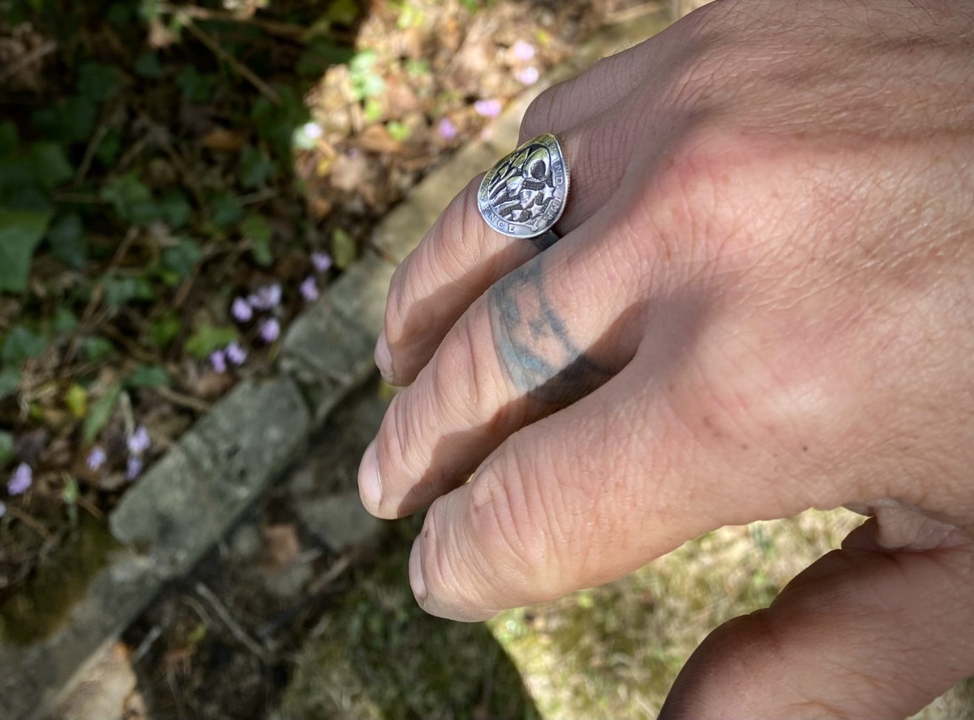 magic mushroom shroom mushies picky luck ring made from silver sixpence coins by hairy Growler