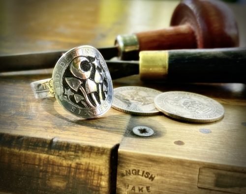 magic mushroom shroom mushies picky luck ring made from silver sixpence coins by hairy Growler