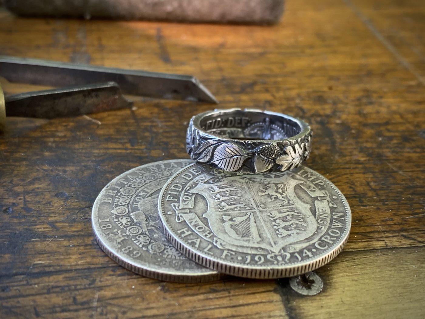 sacred grove ogham tree zodiac ring made from a 120 year old silver coin