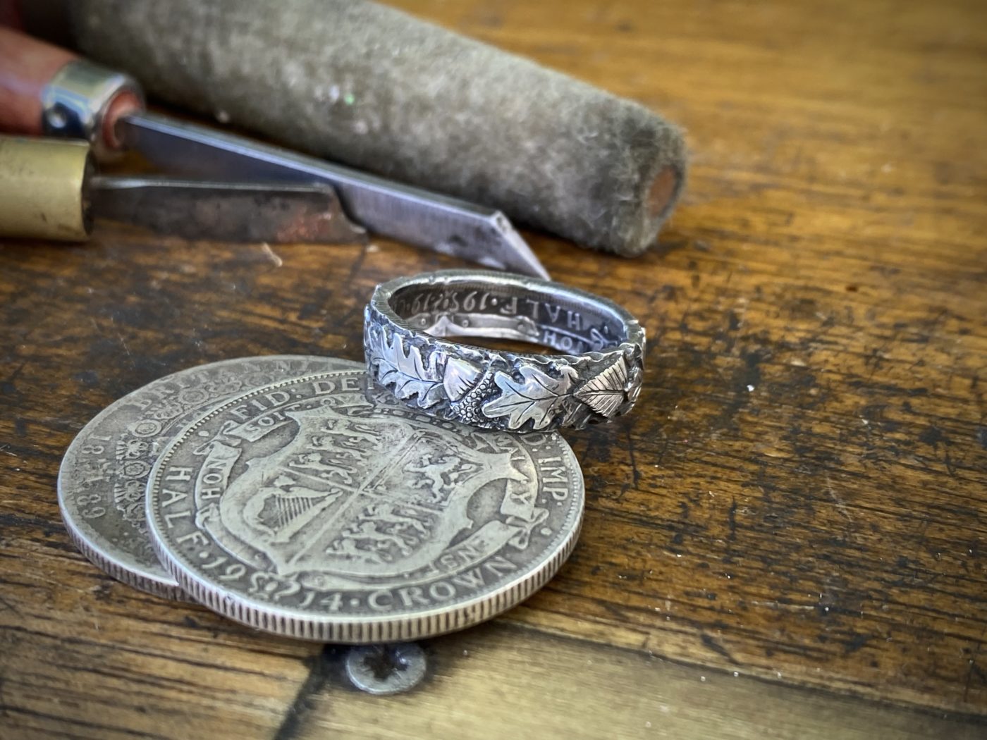 sacred grove ogham tree zodiac ring made from a 120 year old silver coin