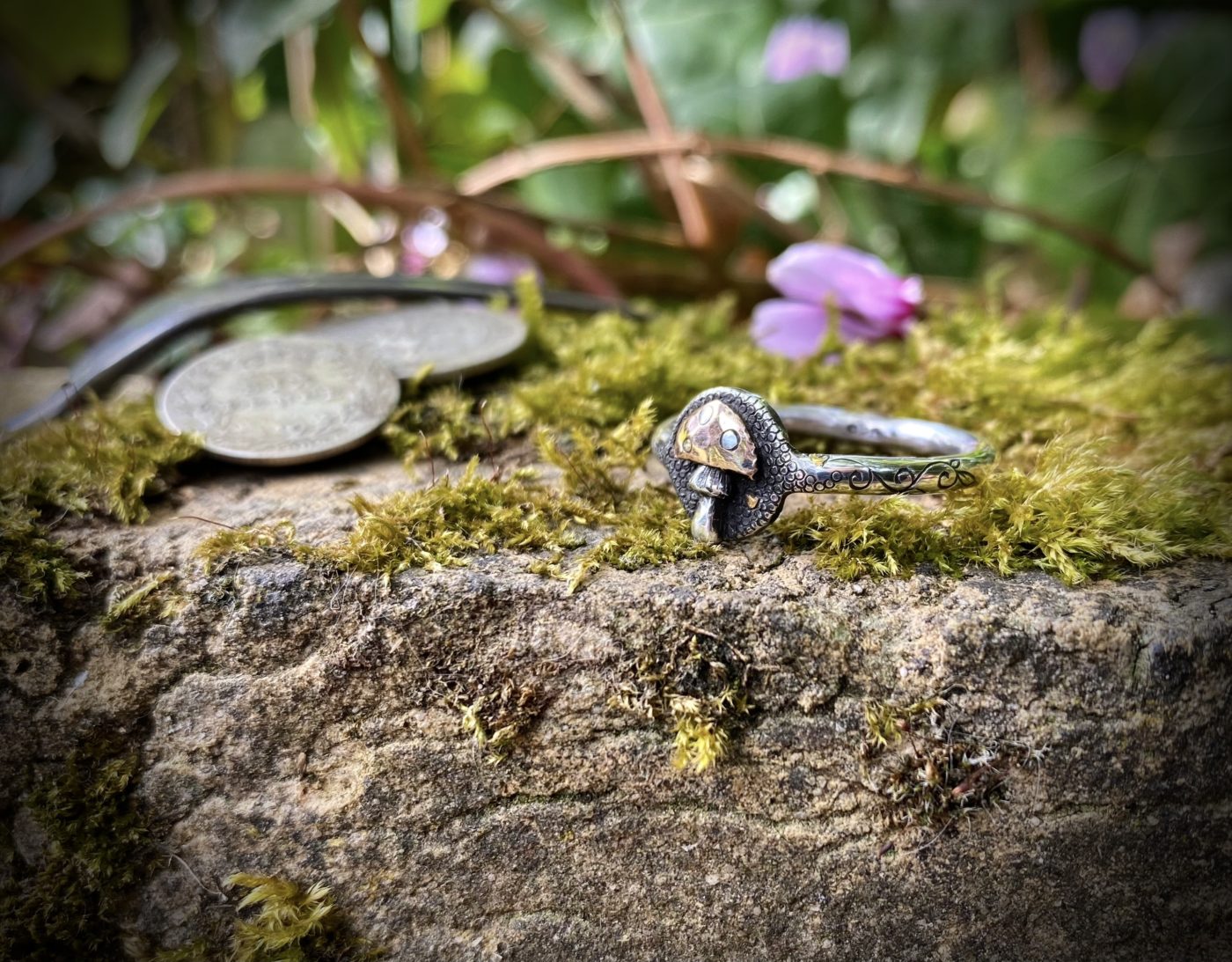 Fly Agaric Amanita muscaria magic mushroom shroom mushies picky luck ring made from silver coins by hairy Growler