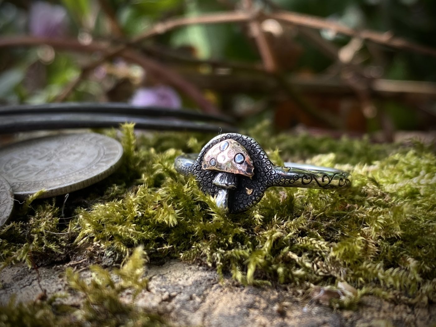 Fly Agaric Amanita muscaria magic mushroom shroom mushies picky luck ring made from silver coins by hairy Growler