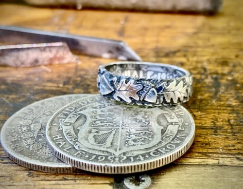 sacred grove ogham tree zodiac ring made from a 120 year old silver coin